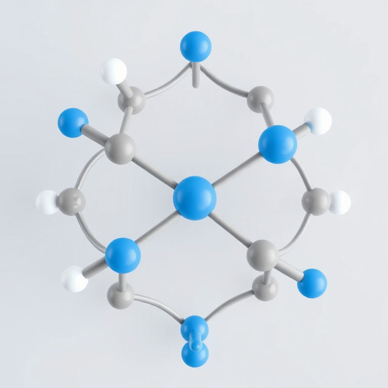 Generate a high-resolution 3D molecular structure of a benzene ring with an amine group attached, representing atoms as spheres in gray, white, and blue colors, shot with a Canon EOS 5D Mark IV at 50mm, aperture f/8, ISO 100, using a top-down view to enhance details and sharpness.