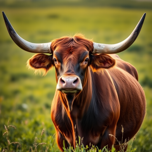 A detailed portrait of a majestic longhorn bull standing majestically in a lush green field, captured with a DSLR camera at f/2.8 aperture, ISO 100, 1/200 sec shutter speed, using a 50mm lens for a shallow depth of field with soft background blur, early morning light for enhanced clarity and vibrancy.