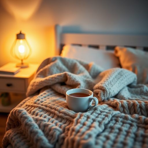 Warmly lit photo of a cozy bedroom scene, with a soft knitted blanket draped over a bed, soft light from a nearby lamp casting warm shadows, and a steaming cup of tea resting on a bedside table.