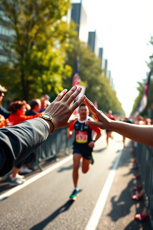 Capture a dynamic moment of a runner reaching out to high-five spectators along the race route, using a Canon EOS R5 with a 50mm f/1.2 lens, at f/2.8, ISO 400, 1/500s, shot from a low angle for an immersive perspective, focusing on the hands to highlight the connection in a vibrant marathon setting.