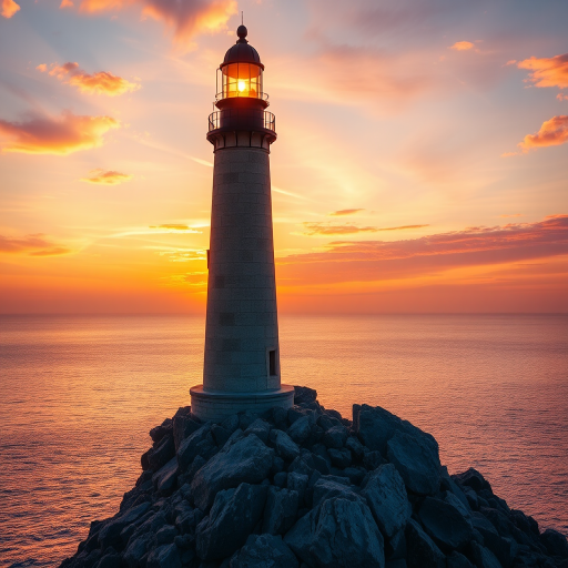 Generate an image of a tall lighthouse perched on a rocky outcrop surrounded by calm ocean waters during a breathtaking sunset. The lighthouse stands sturdy and weathered, its stone surface illuminated by the warm golden light of the setting sun. The sun's rays pass directly through the glass lantern room at the top of the lighthouse, casting a brilliant light across the scene. The sky is painted with vibrant shades of orange, pink, and purple, reflecting off the tranquil sea. The surrounding water shimmers with the same warm hues, creating a serene and majestic atmosphere.