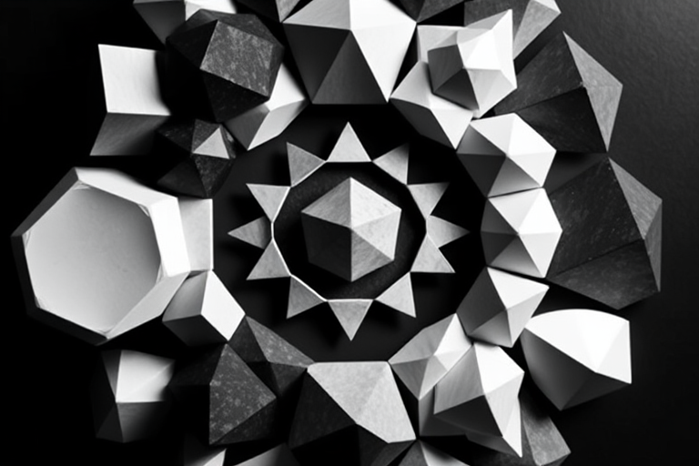 Create an intricate geometric arrangement featuring various polyhedra in a circular layout, with high contrast black and white colors, captured using a DSLR camera at f/8 aperture, ISO 100, and a focal length of 50mm with a top-down view to enhance clarity and detail.