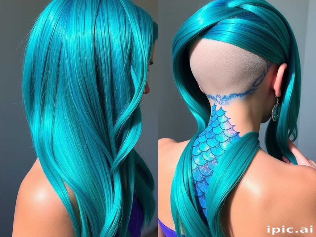 Vibrant teal and turquoise mermaid-inspired locks form a mesmerizing "Ocean Depths" look, with long, sleek strands that shine like sunlight on tropical waters. The hair is parted dramatically to one side, revealing an undercut adorned with intricate, scale-like patterns in shades of deep blue and seafoam green. Iridescent glitter adds a magical touch to this bold, eye-catching style.