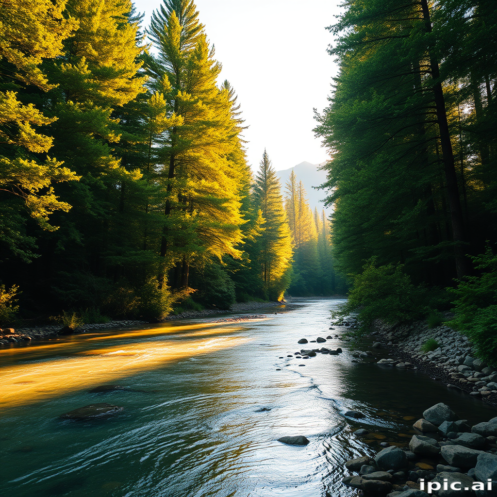 Create an image of a serene, sunlit forest scene with a clear, gently flowing river. Tall trees with lush green foliage line both sides of the river, their leaves bathed in the warm golden light of the setting or rising sun. The sunlight filters through the trees, casting soft, dappled light on the river, which flows over smooth rocks and pebbles, creating a peaceful, natural atmosphere. The sky is bright with a few scattered clouds, and the overall mood is tranquil, evoking a deep sense of connection with nature. The image captures the beauty of a calm, pristine forest landscape at either dawn or dusk.