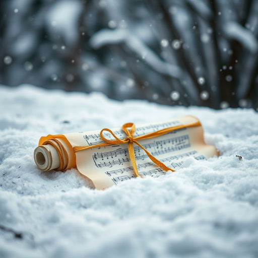 photograph a rolled parchment with sheet music tied with a gold ribbon resting on snow-covered ground with softly falling snowflakes, use a Canon EOS 5D Mark IV with a 50mm lens, aperture f/2.8, ISO 100, shutter speed 1/125s, outdoor soft focus view for a cozy winter ambiance