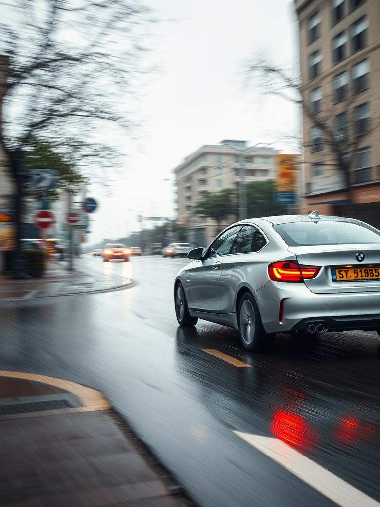 A silver car driving down a rain-soaked street with motion blur, shot with a Canon EOS R, 50mm lens, f/2.8, ISO 100, 1/500s shutter speed, side view.