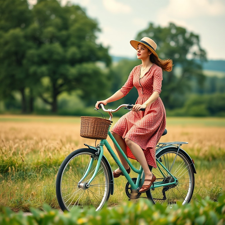 Generate an illustration of a woman in vintage attire riding a bicycle through a scenic field with trees in the background, captured with a Canon EOS R5 at f/2.8, ISO 100, 50mm lens, in soft natural lighting with a shallow depth of field.