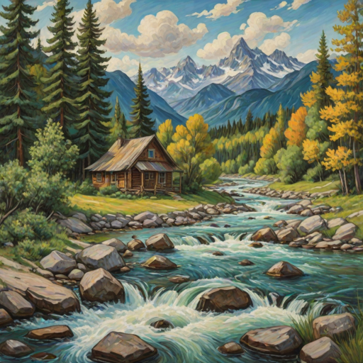 This Van Gogh-inspired painting depicts a peaceful scene of a small cabin located near a flowing river. The scene is surrounded by lush vegetation, including tall trees and rocky terrain. In the background, majestic mountains rise under a sky filled with rolling clouds. The river gently cascades over the rocks, adding a sense of movement and tranquility to the scene. The use of vibrant colors and detailed brushstrokes create a sense of depth and harmony in the natural setting.
