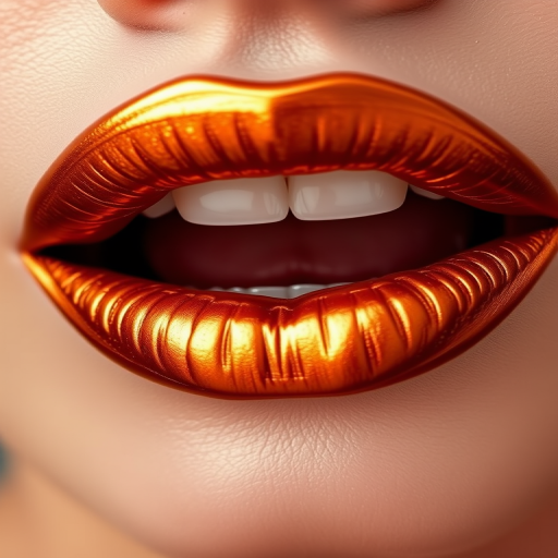 Metallic bronze lips with a liquid metal finish, named "Molten Amber," showcase a unique metallic sheen and warm undertones for a bold statement