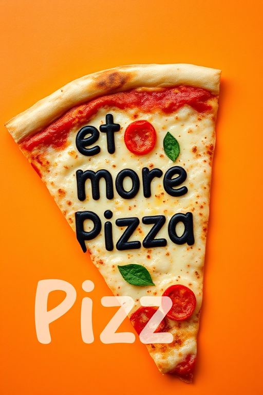Generate an image of a slice of pizza with cheese and pepperoni on an orange background featuring the text "Eat more Pizza" in a playful font, shot with a DSLR camera at f/8 aperture, 1/125 shutter speed, 50mm lens, and a top-down view for vibrant detail.