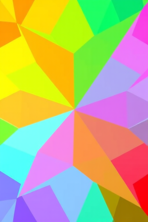 Create an abstract colorful geometric pattern with vibrant hues of yellow, orange, green, blue, pink, and red, captured using a DSLR camera with a 50mm lens, aperture f/2.8 for a shallow depth of field, ISO 200, and a bright, diffused lighting setup.
