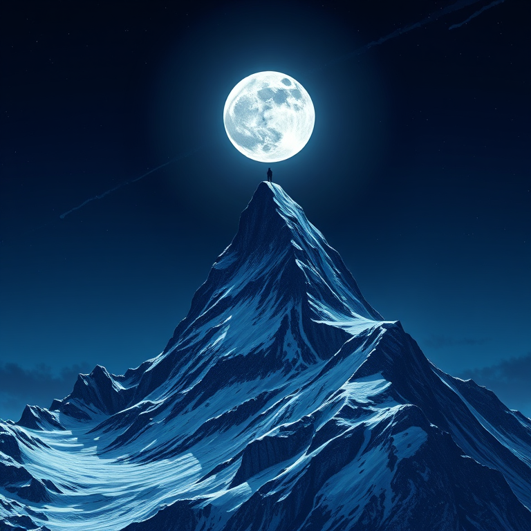 Create a high-resolution digital illustration of a mountain peak under a full moon, featuring a lone climber at the summit, with a dramatic night sky, using a DSLR camera, 35mm focal length, aperture set to f/8, ISO 100, and a low angle view to enhance depth and detail.