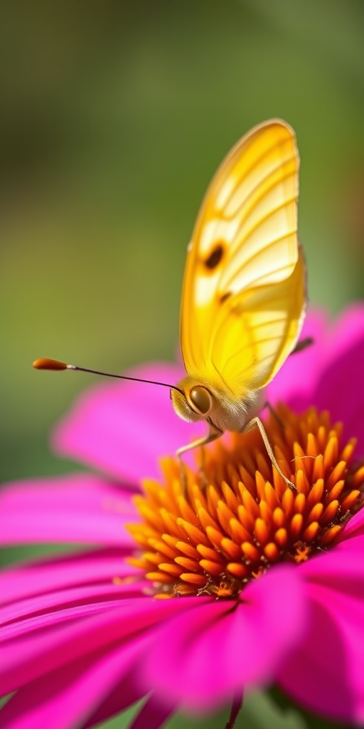 Close-up of a yellow butterfly resting on a vibrant pink flower, shallow depth of field, natural sunlight, f/2.8 aperture, 100mm macro lens, ISO 200, taken with a DSLR camera.