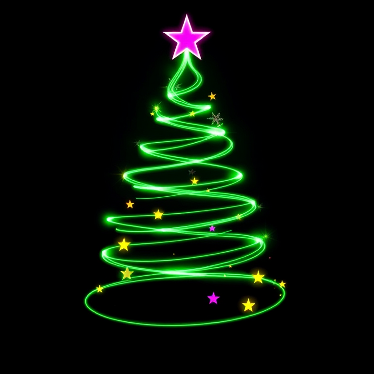 Create an image of a stylized Christmas tree made of swirling green light. At the top, place a pink star, and add small, colorful stars scattered throughout the tree. The background should be black to highlight the vibrant colors of the lights.