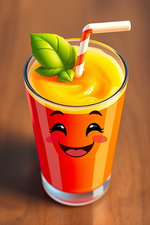 Create a high-resolution digital illustration of a smiling cartoon juice cup with a straw and a leaf, using vibrant colors and a cheerful expression, captured with a DSLR camera at f/2.8, ISO 100, 50mm lens, top-down view, soft lighting.