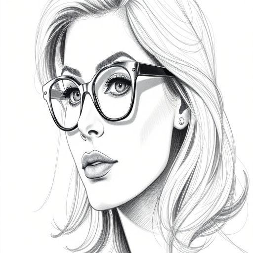Beautiful Sophia Loren, pencil sketch, portrait of beautiful woman 60s in glasses, hair style beatnik, outline, clear lines, fine lines, 8k