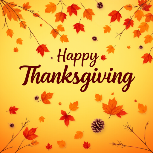 Create a warm and festive autumn-themed image with a gradient background of orange and yellow hues. Include a variety of falling leaves in shades of red, orange, and brown. In the center, display the text "Happy Thanksgiving" in a stylish and inviting font, using a dark brown color for contrast. Add subtle decorative elements like pine cones and additional leaves for a cozy, seasonal feel.