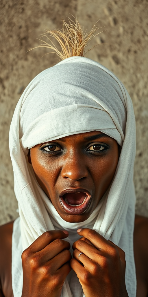 Create a close-up photographic image of a Oromo woman with light skin tones shown against an old, worn wall. Their head is wrapped in a white cloth covering (i.e.... parts of the head except the nose and mouth, which are open as if they are screaming...), with a slight texture and visible folds in the fabric. Thin strands of blonde hair escape from the wrapping above, falling lightly at the top and sides. Their hands hold the fabric as if they are tugging nervously. The lighting is dramatic and even, casting strong shadows. The image has a minimalist and surreal style with an emphasis on simplicity with soft color tones. The composition is centered.