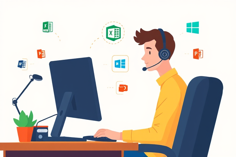 Create a digital illustration of a person wearing a headset sitting next to a desktop computer with various software icons like Word, Excel, PowerPoint, and Windows around them, using a high-resolution setting of 300 DPI, wide-angle view, flat design style, captured with a digital drawing tablet.