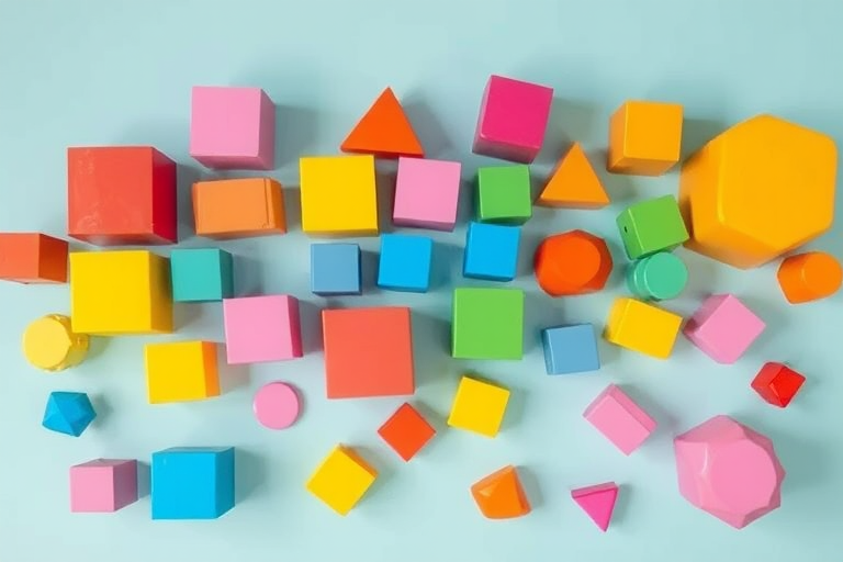 Create a vibrant, colorful arrangement of geometric shapes including cubes, pyramids, and cylinders in a playful layout, photographed with a DSLR camera at f/8 aperture, 1/250 sec shutter speed, ISO 100, using a 50mm lens from a top-down view with soft natural lighting for enhanced detail and clarity.
