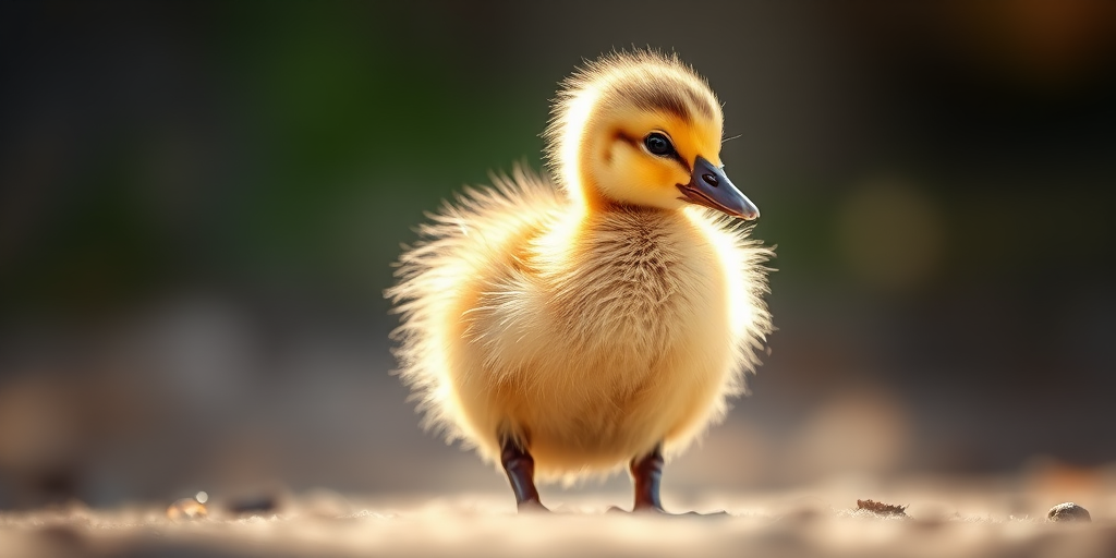 illustration of a fluffy duckling standing, soft natural lighting, shallow depth of field, Canon EOS R5, 50mm lens, f/2.8, ISO 200, 1/200s