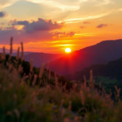 Generate a realistic high-resolution image of a serene landscape at sunset with vibrant colors, using a DSLR camera with a 50mm lens, aperture set to f/1.8 for a shallow depth of field, ISO 100, and a wide dynamic range.