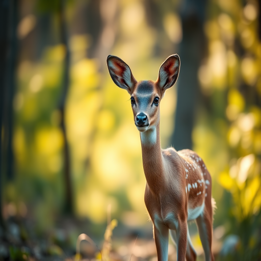 A young deer standing in a sunlit forest, soft bokeh background, focused on the deer with a shallow depth of field, Canon EOS R5, 85mm f/1.2 lens, ISO 100, aperture f/1.8, shutter speed 1/500s, natural light photography.