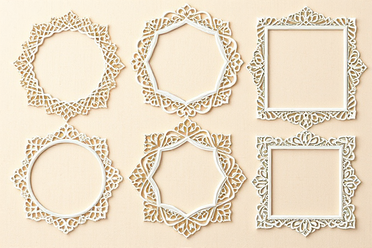 Create a high-resolution image of six intricate lace-like frames in various shapes and designs, positioned on a soft beige background, using a DSLR camera with a 50mm lens, aperture set to f/8, shutter speed at 1/125, ISO 200, in natural light for enhanced image clarity and detail.