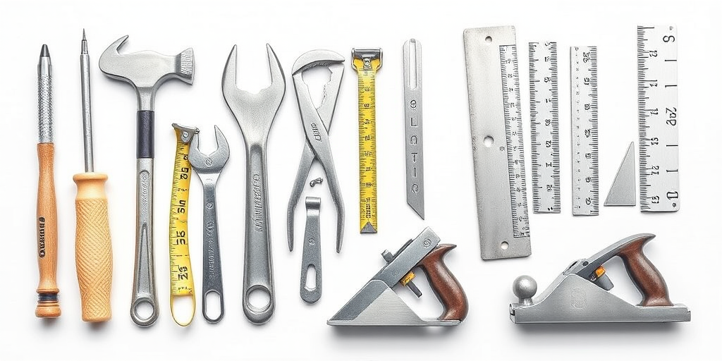 Create a detailed line drawing of various hand tools including two screwdrivers, a wrench, a hammer, pliers, a measuring tape marked 25', a triangle ruler, a hand saw, and a woodworking plane on a plain white background; shot with a Canon EOS R5 at f/8, ISO 100, 1/200s with a top-down view and a focus on sharp details for enhanced clarity.