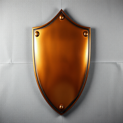 Create a high-resolution image of a blank bronze shield with a glossy finish, using a DSLR camera, ISO 100, f/8 aperture, 50mm lens, shot from a slightly elevated angle, with soft diffused lighting for enhanced reflections and details.