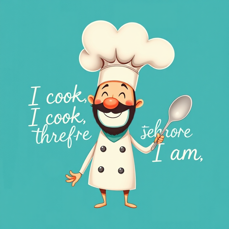 Create a high-resolution digital illustration of a whimsical chef character with a large chef hat, holding a spoon and smiling, surrounded by the text "I cook, therefore I am" in an elegant script, with a textured teal background, shot with a Canon EOS R5 at f/2.8, ISO 100, using a soft focus lens for a gentle bokeh effect.