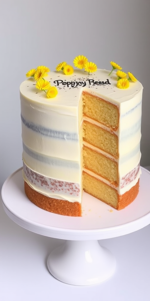 A three-layer cake with a smooth white frosting topped with small yellow flowers and poppy seeds with a slice cut out revealing the layers inside placed on a white pedestal plate.