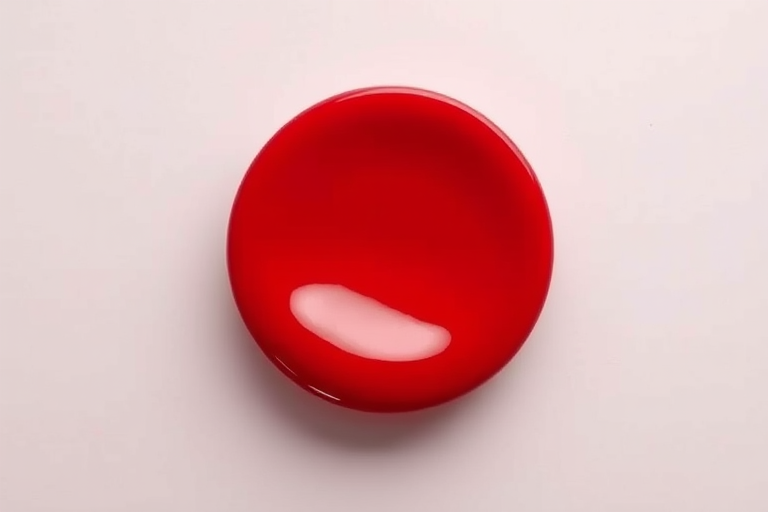 Create a high-resolution image of a glossy red circle with a shiny peel effect in a minimalist style using a DSLR camera, 50mm lens, f/2.8 aperture, ISO 100, and soft diffused lighting to enhance textures and reflections.