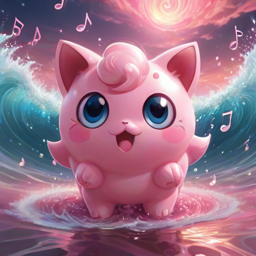auralora,the image features a jigglypuff. it is surrounded by an aura of water waves and music notes with intricate,pink glow
