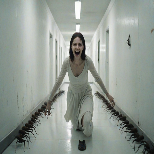 a crooked woman with long arms and a creepy smile is crawling along a long white corridor and you can also see cockroaches in it there is a creepy atmosphere creepy art style