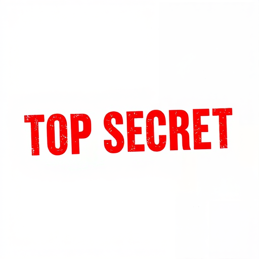 Create an image with the text "TOP SECRET" in bold, distressed red letters on a plain white background, using a DSLR camera with a 50mm lens, aperture f/1.8, ISO 100, and a shallow depth of field for a sharp foreground and blurred background.