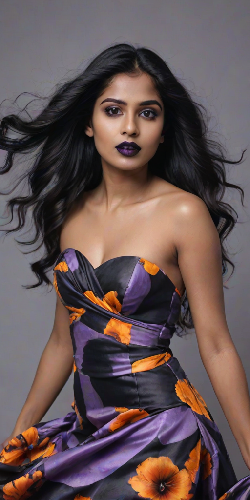 Photographic image of a beautiful young Sri Lankan woman, black eyes, lips with black lipstick, long hair fluttering in the wind and wearing a silk strapless dress with a soft purple and orange print. monochrome image with only color highlights in the iris of the eyes, lipstick and dress. Gray background.