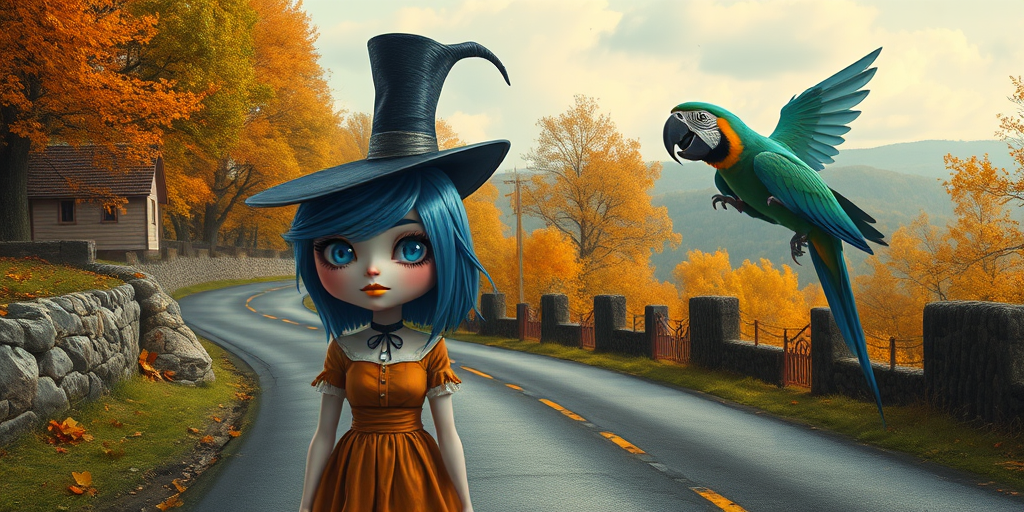 digital art fantasy depicting a strange girl with blue hair, long eyelashes, Yellow lipstick and a tall hat walking along a winding road on an autumn afternoon, an Parrot smiles as she passes