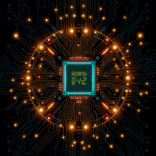 Generate a futuristic circuit board design with a central glowing processor. Emphasize intricate patterns and glowing elements, creating a high-tech, digital aesthetic. Use a dark background to enhance the brightness of the lights and details.