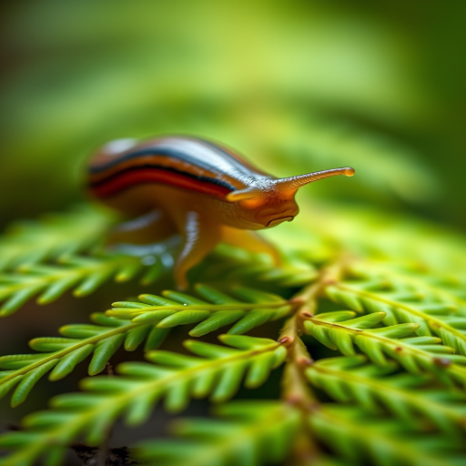 macro shot of a slug on green fern leaves with shallow depth of field, f/2.8 aperture, 100mm macro lens, ISO 200, natural light, soft focus background