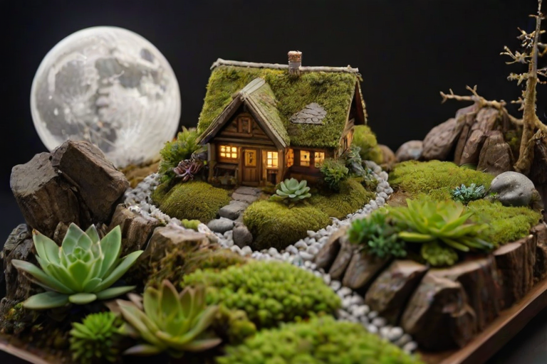 A miniature landscape with moss, succulents, small volcanic rocks, a small wooden house with lights on, and a giant moon
