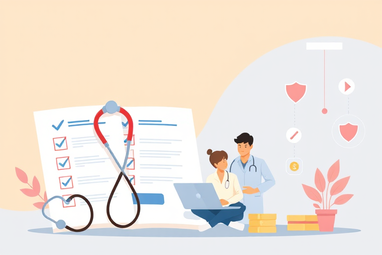 Create a digital illustration of health insurance concepts, featuring documents with checkmarks, a stethoscope, a person discussing with another at a laptop, and icons of shields and money, using a wide-angle lens, f/8 aperture, ISO 100, in high-resolution, vector style, with a bright color palette and clear, modern design.