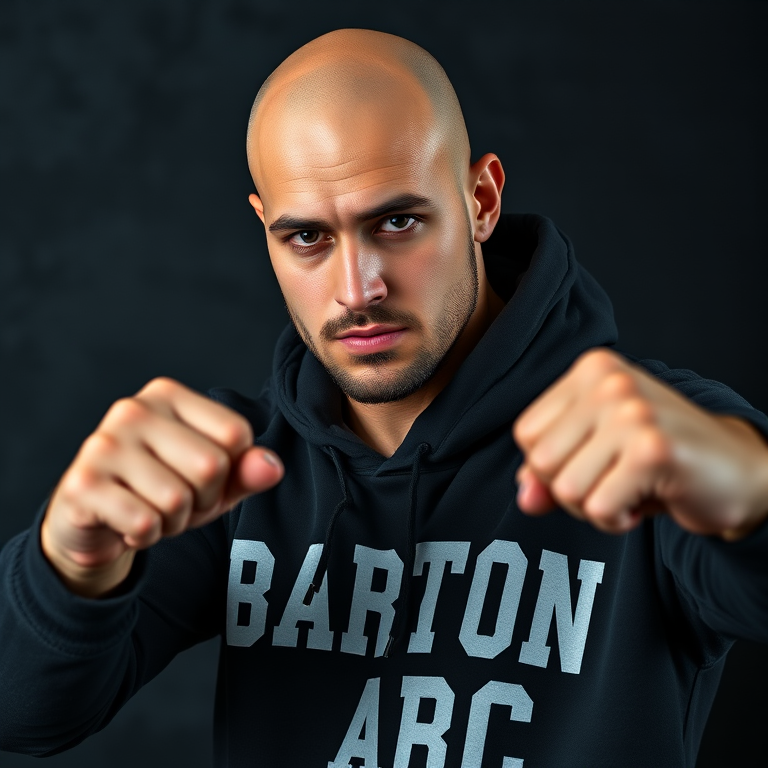 Capture a portrait of a bald man in a black hoodie with "BARTON ABC" printed on it, striking a boxing pose, using a Canon EOS R5 with a 50mm lens, aperture f/1.8, ISO 100, soft lighting to create depth, and a dark, textured backdrop for a dramatic effect.