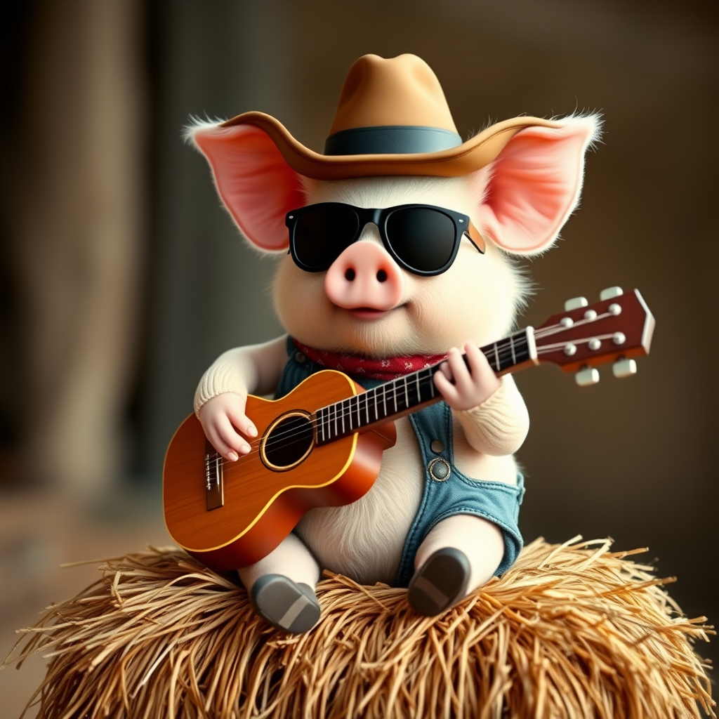 A chibi pig, dressed as a cowboy, playing guitar, sitting on a hay bale