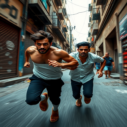High-speed action scene of two intense male runners in a narrow, chaotic street, capturing dynamic motion and emotion, using a DSLR camera with a 24-70mm lens at f/2.8, ISO 400, 1/1000s, shot from a low angle to emphasize movement and drama, in vivid colors and high contrast.