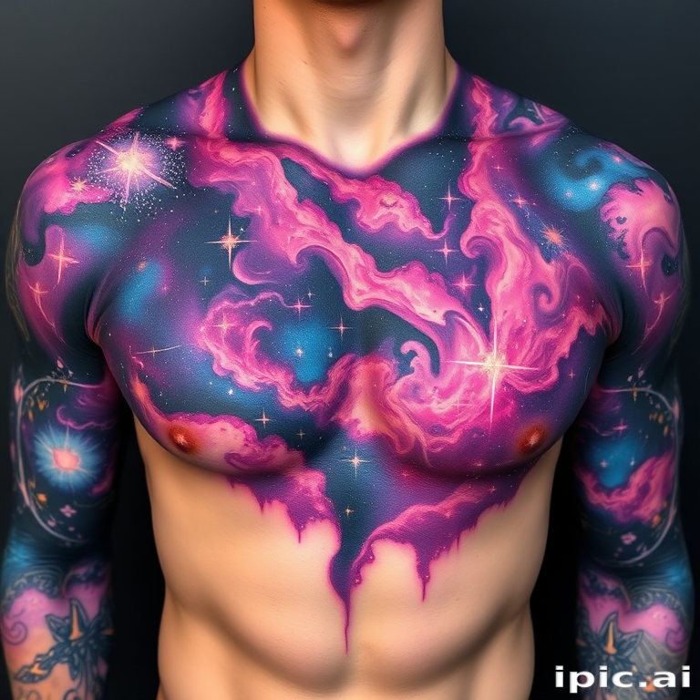 Cosmic nebula tattoo spanning across the chest and shoulders with swirling galaxies and vibrant star clusters in rich purples blues and pinks creating an otherworldly atmosphere