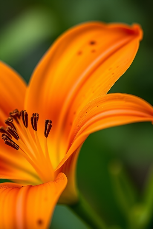 Create a vibrant close-up of an orange lily with distinctive spots, using a shallow depth of field to create a blurred background, shot with a DSLR camera at f/2.8, ISO 200, 1/500 sec, natural light, macro lens, focus on the intricate details of the petals.