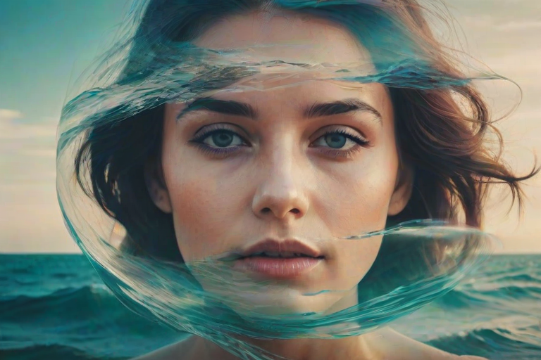 create Book cover, A surreal double exposure portrait that blends a woman's face with a beautiful seascape. The overall mood is dreamy and mystical, with rich colors and intricate details
