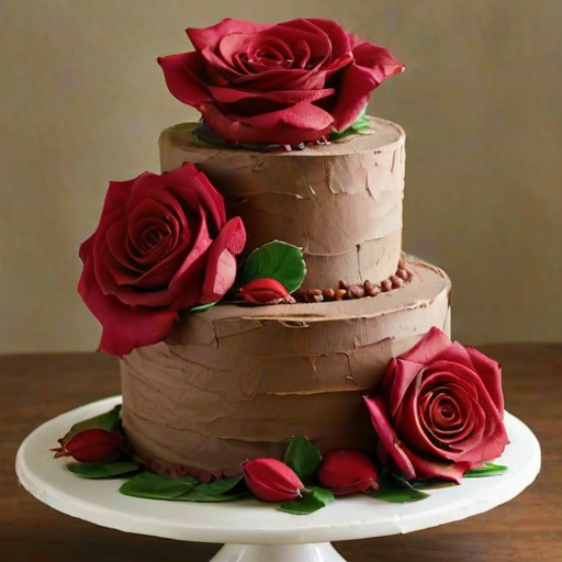 Create a three-tiered cake with a textured, rustic finish resembling red and burgundy rose petals. Decorate the cake with realistic-looking red roses and green leaves, ensuring the flowers are strategically placed to enhance the overall aesthetic. The cake should have a natural, organic feel, with a smooth base that contrasts with the rough texture of the petals.