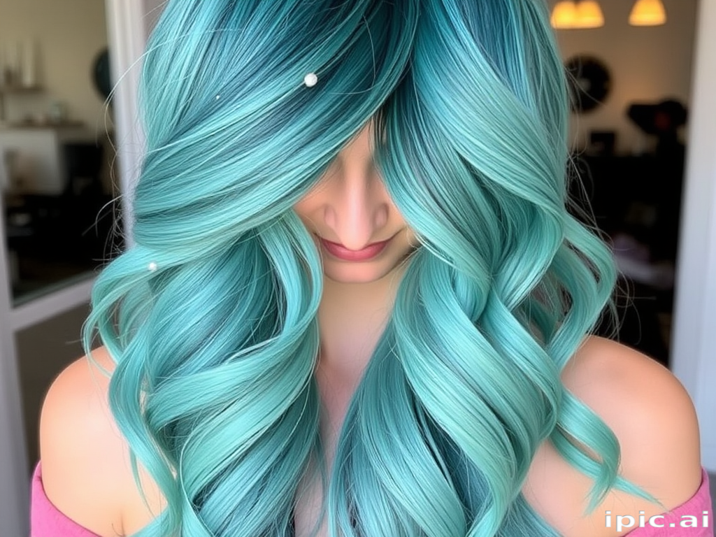 Mermaid-esque hair style revealing long teal ombre waves styled in a side-swept manner with pearlescent accents